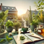 Balcone urbano con piante verdi, tazza di tisana e quaderno aperto in luce primaveril