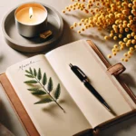 Quaderno-per-journaling-serale-con-candela-e-rametto-di-mimosa