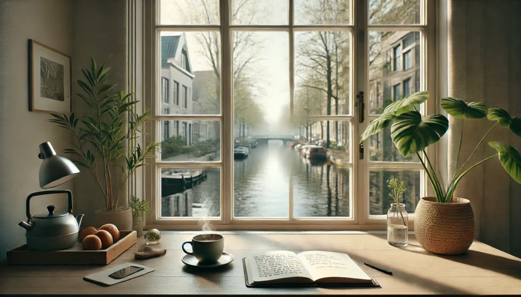 Casa ad Amsterdam con finestra affacciata sull’acqua, pianta e oggetti personali, atmosfera intima”