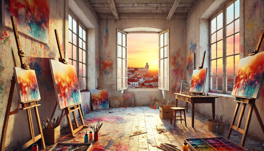 “Interno atelier a Lisbona con tele abbandonate, finestra aperta e luce obliqua, atmosfera riflessiva e artistica”