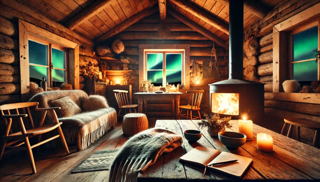 Cabina in Lapponia con vista sull’aurora, interno caldo e silenzioso, atmosfera intima