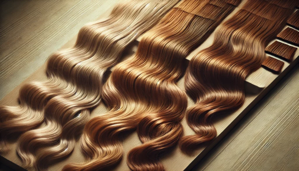 Campioni di capelli biondi, ramati e castani su fondo neutro con luce naturale