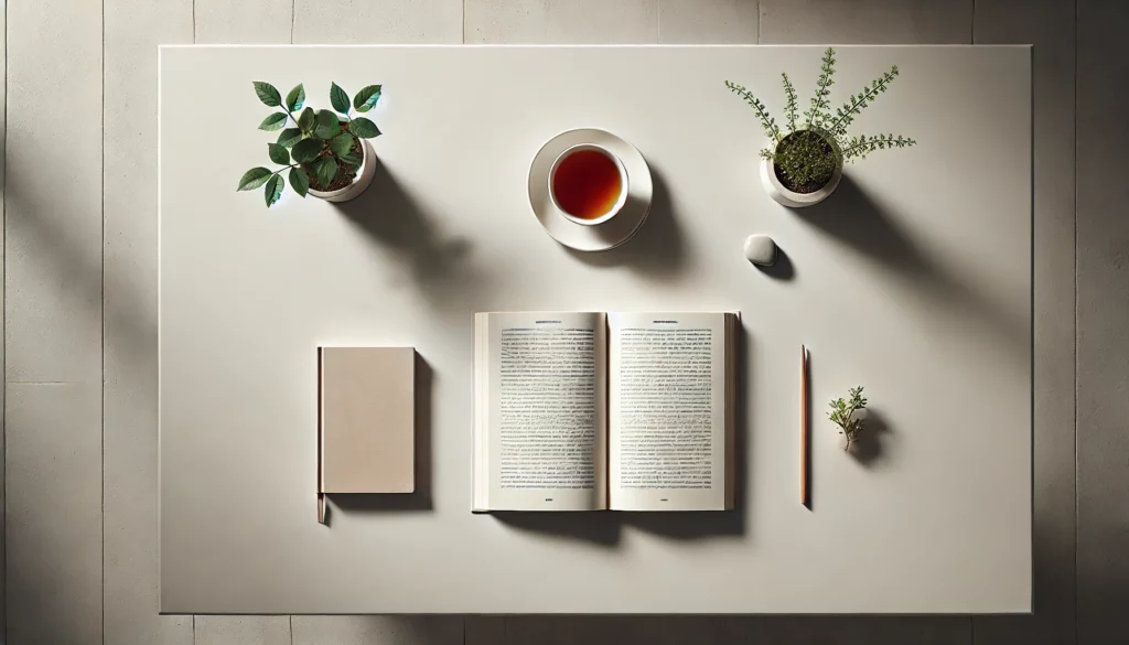 libro aperto e rosario su tavolino ordinato con pianta e tazza