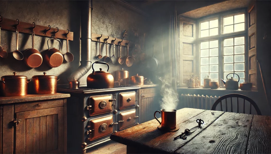 “Casa sul canale a Bruges, cucina rustica con utensili di rame, atmosfera di mistero e dolcezza”