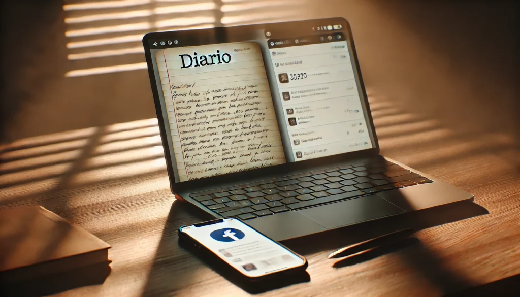 scrivania con diario digitale e smartphone acceso su social, atmosfera riflessiva
