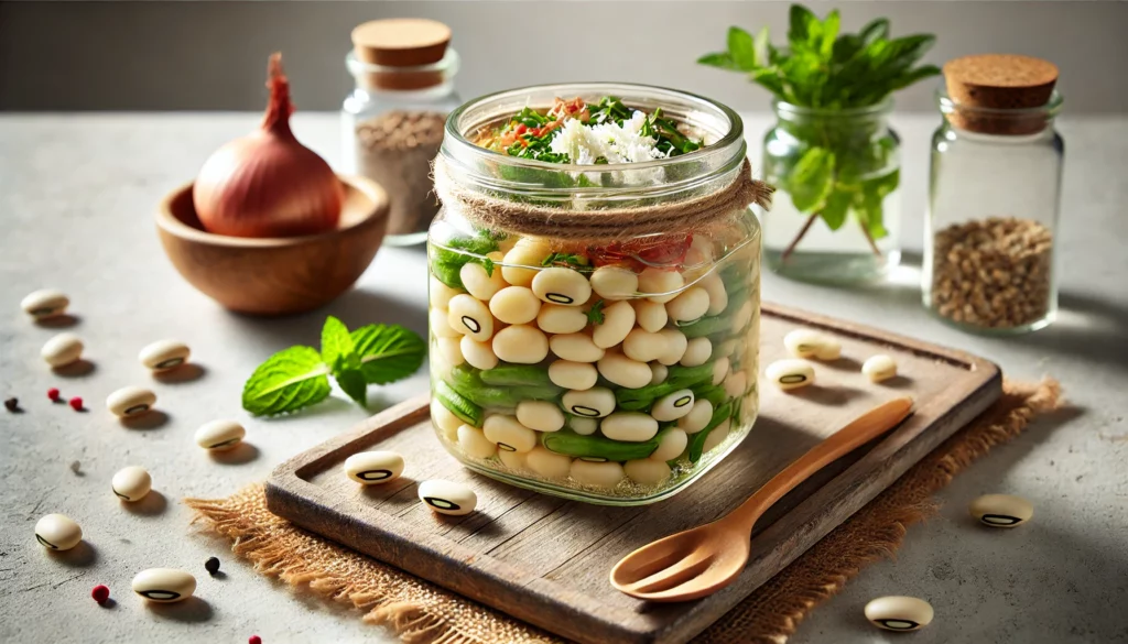Insalata di fave e pecorino in vasocottura con cipolla rossa e menta"