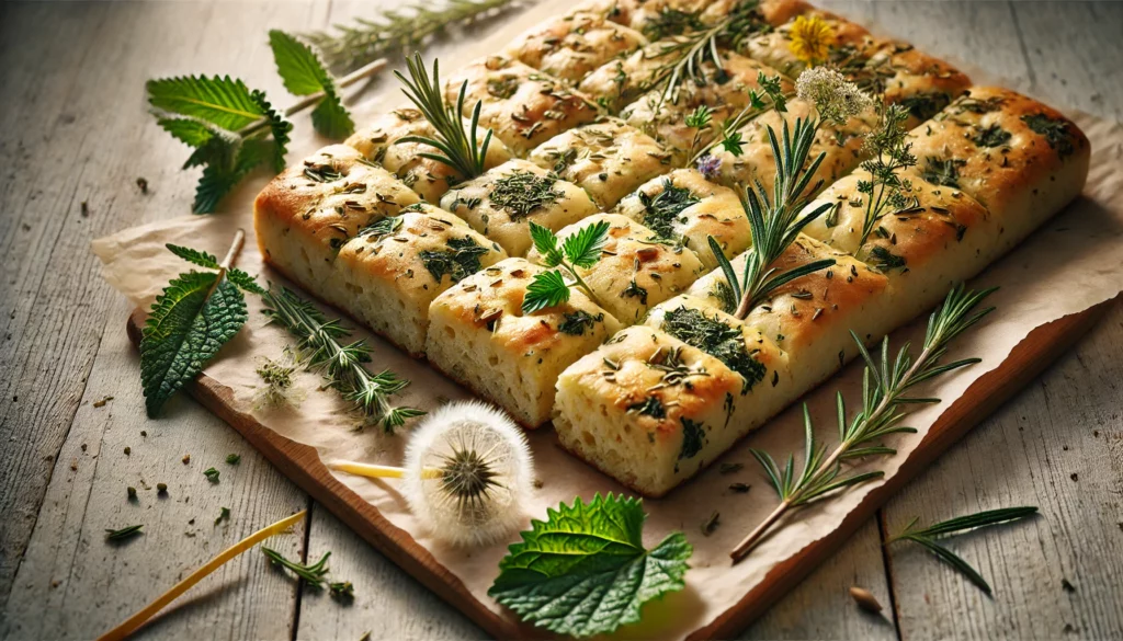 Focaccia alle erbe spontanee tagliata a pezzi su carta da forno"