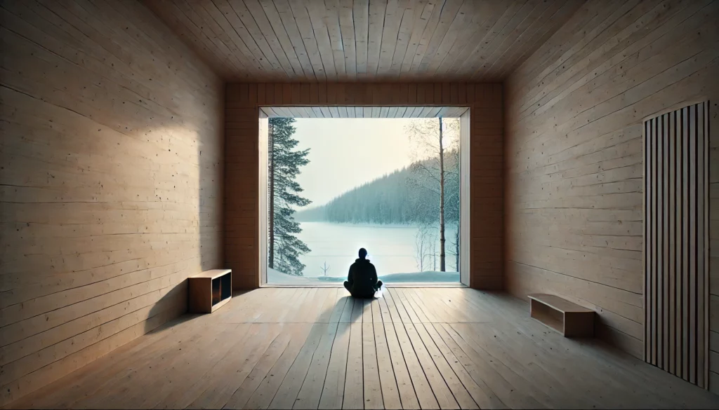 Casa sul Lago Inari, ampia vetrata con vista neve, fotografo seduto in silenzio, atmosfera introspettiva e nordica