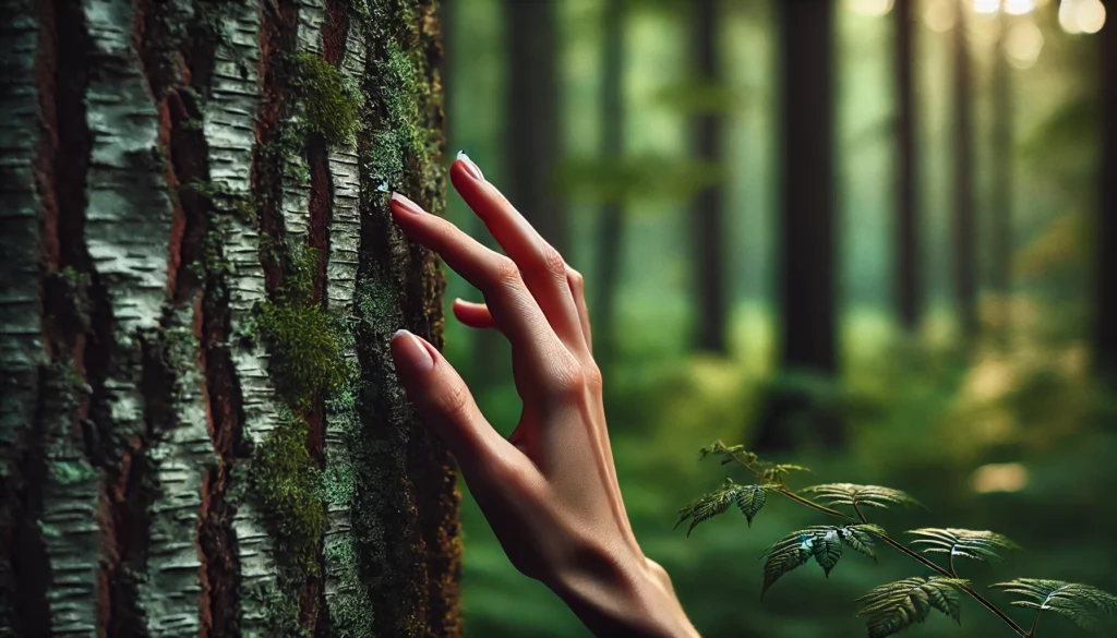 Mano che tocca la corteccia di un albero durante un bagno di foresta"