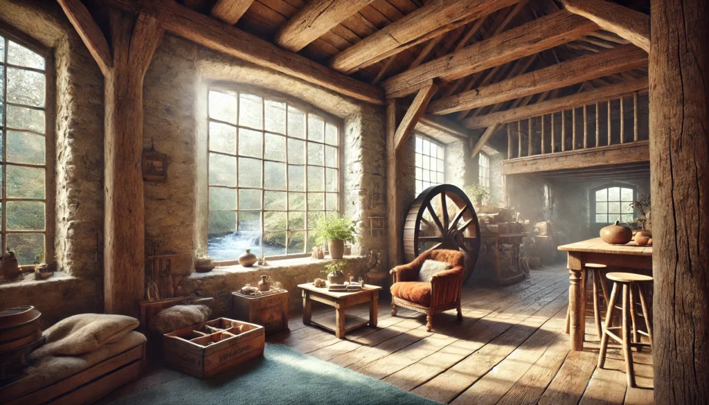 Interno mulino in Alsazia con arredi rustici, luce naturale e atmosfera di silenzio e ascolto”