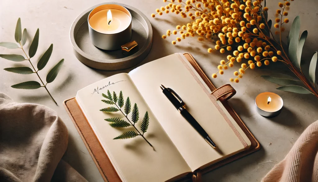 Quaderno per journaling serale con candela e rametto di mimosa