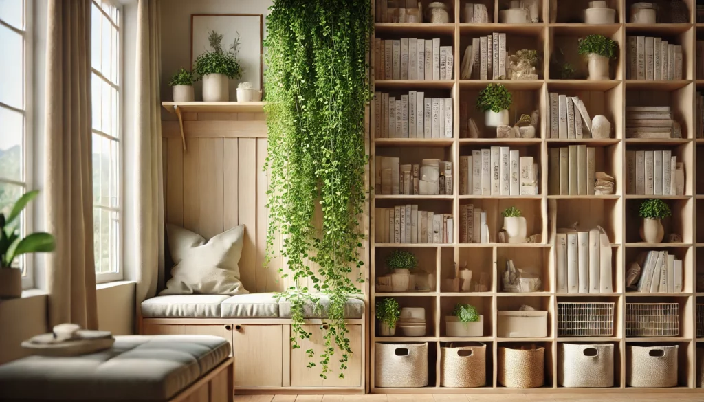 scaffale organizzato in ambiente piccolo con cesti, libri e pianta decorativa
