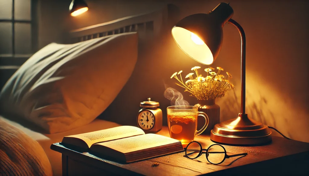 Comodino serale con libro, tisana e luce soffusa per favorire il sonno