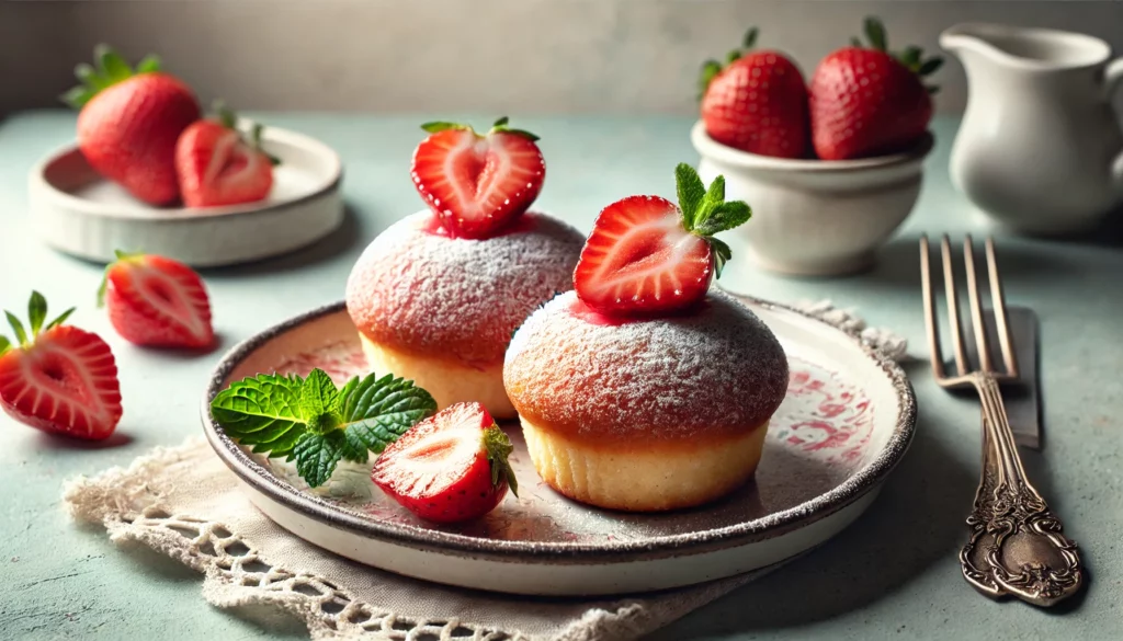 tortine allo yogurt e fragole su piattino con decorazione di menta"