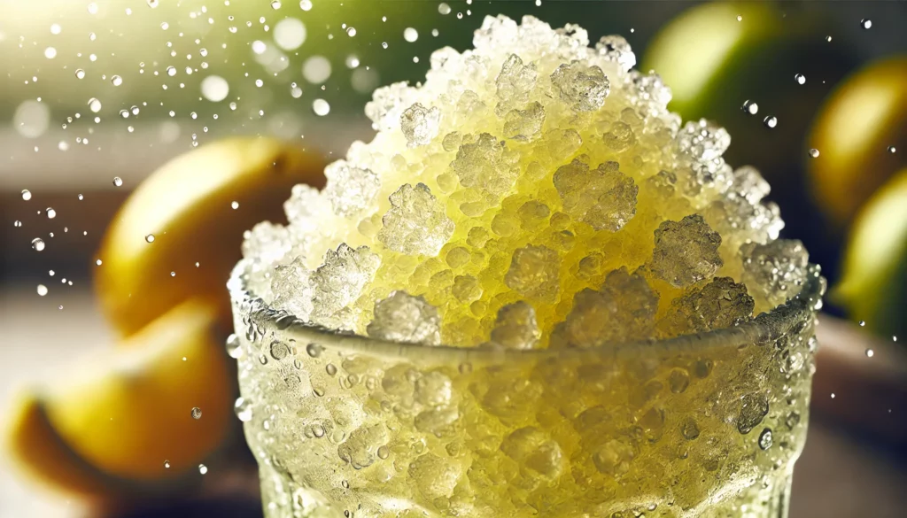 Granita fatta in casa senza cristalli di ghiaccio in bicchiere trasparente."
