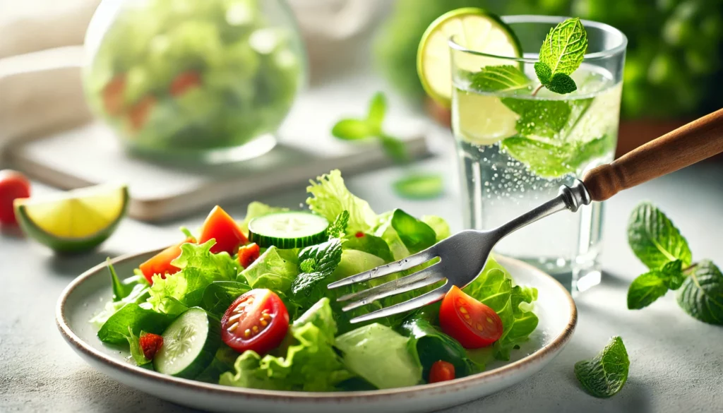insalata estiva leggera e acqua aromatizzata con lime