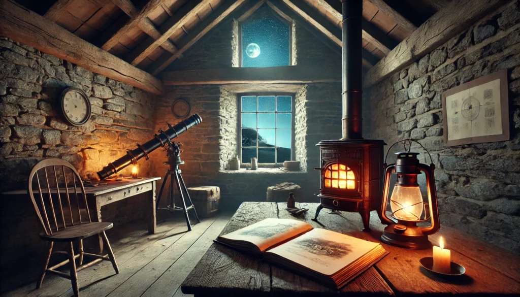 Interno granaio ristrutturato Highlands con telescopio, stufa e quaderno di schizzi, atmosfera intima e nordica”