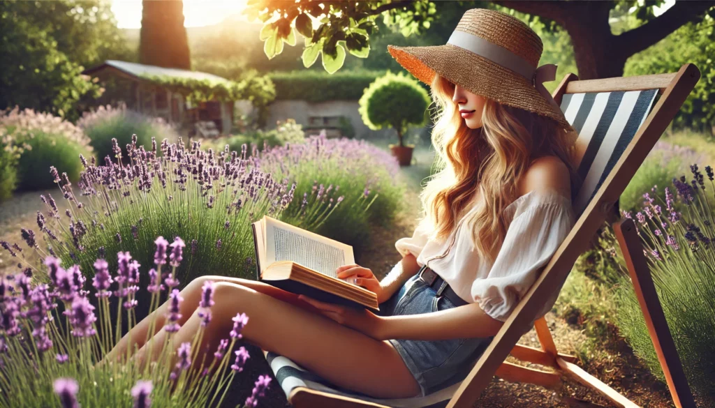 relax in giardino in Provenza con libro e lavanda durante scambio casa