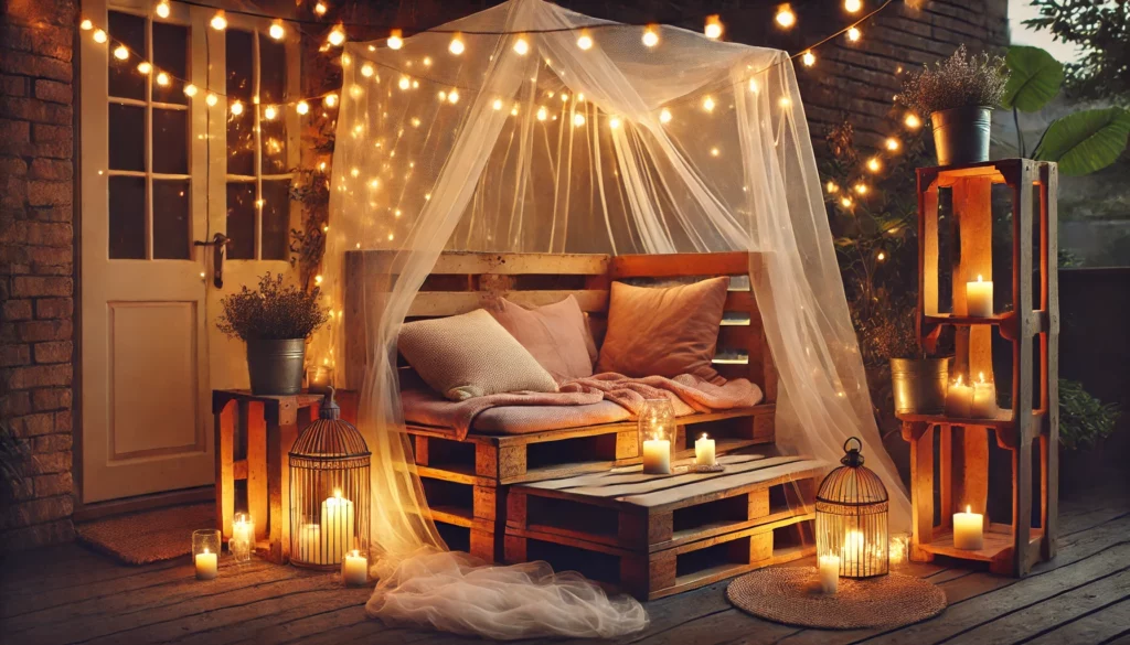 angolo relax fai-da-te con pallet, zanzariera e candele alla citronella per protezione dalle zanzare