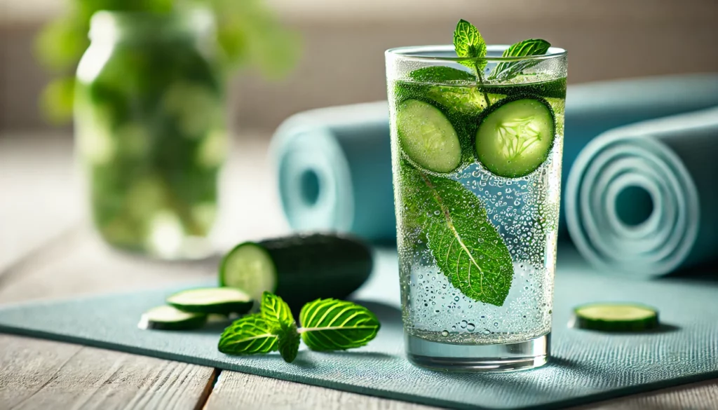 Acqua infusa cetriolo e menta per colazione idratante nella routine anti afa”.