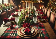 TAVOLA DI NATALE: MIX DI TARTAN, VELLUTO E LEGNO PER UN LOOK CLASSICO E ACCOGLIENTE